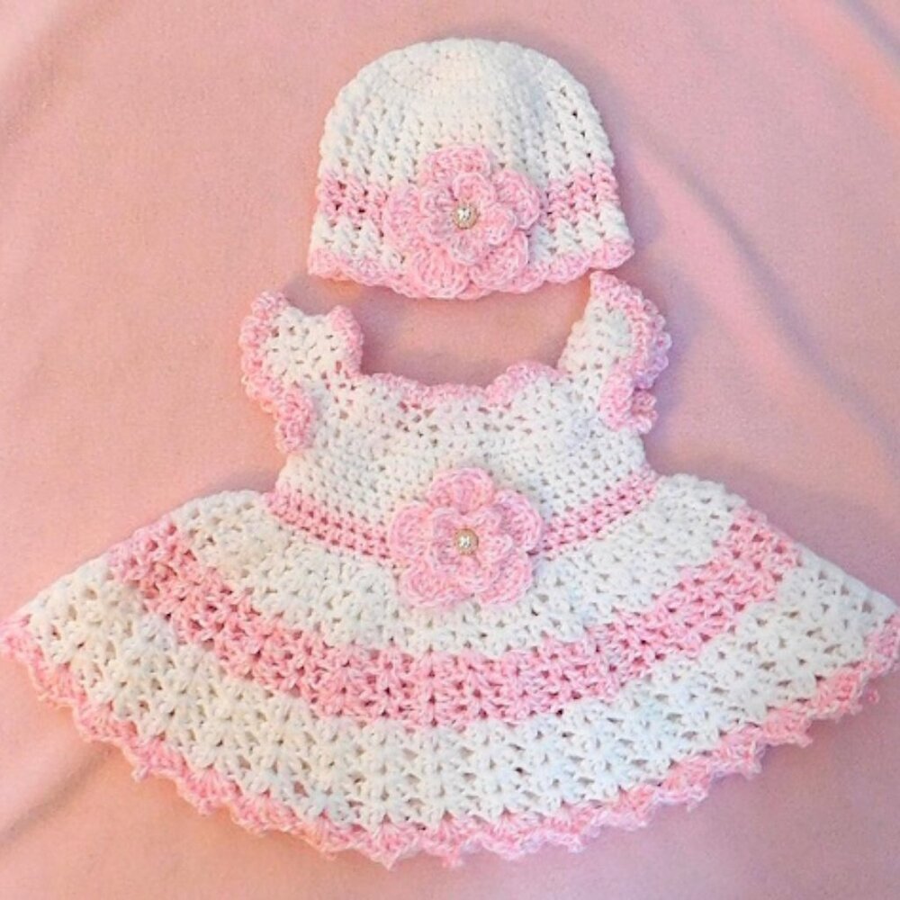 Crochet Baby Dress Handmade, Fits 0-3 Month, Baby Shower Gift, Flower Baby Dress